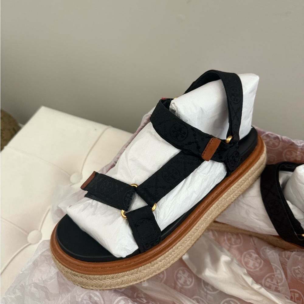 Tory Burch Black and Tan Espadrille Sandals